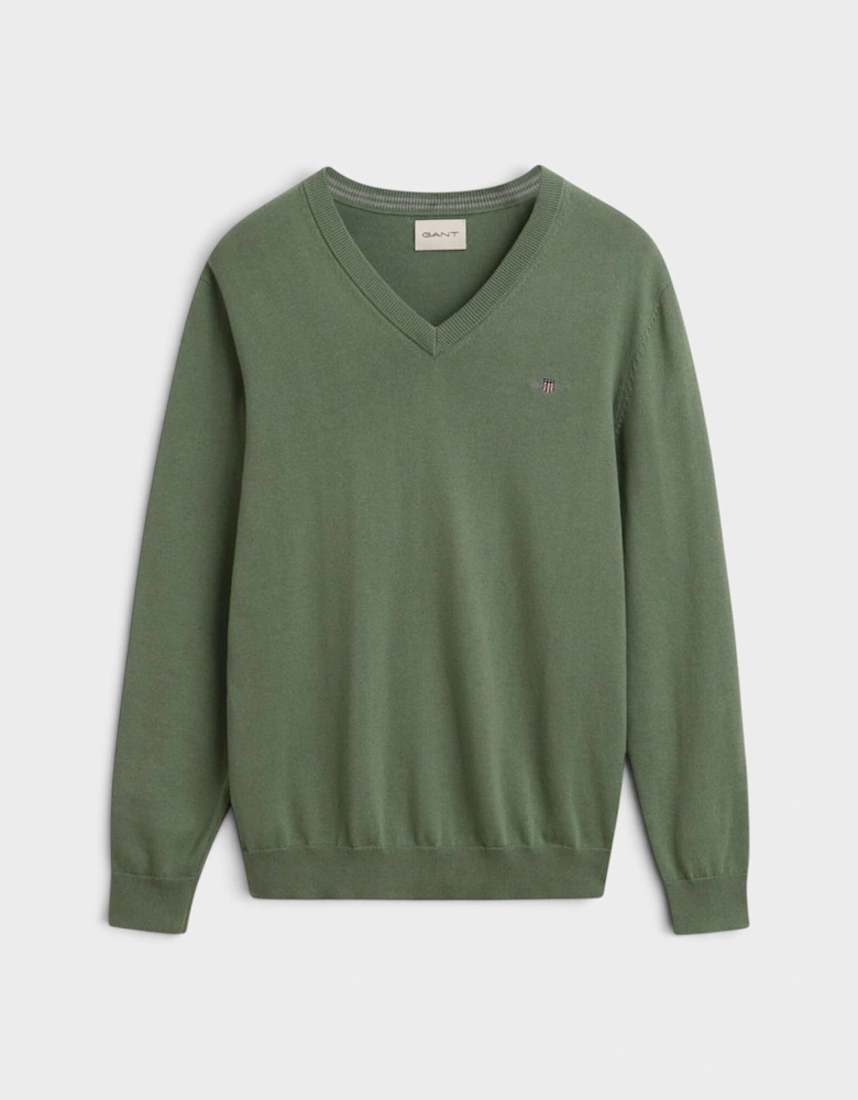 Classic Logo Shield Cotton V-Neck Jumper Kalamata Green