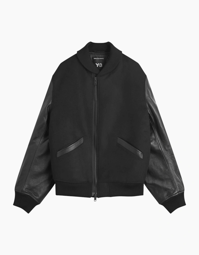 Adidas Y3 Mens Letterman Jacket Full Zip Leather Sleeve Bomber Jacket