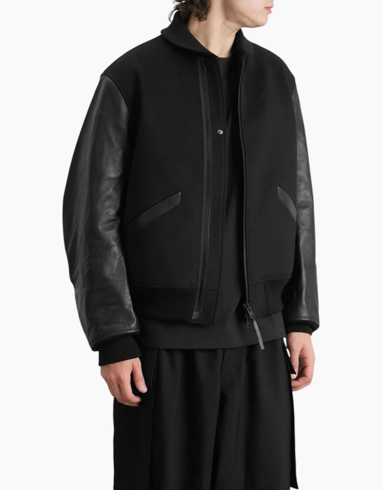 Adidas Y3 Mens Letterman Jacket Full Zip Leather Sleeve Bomber Jacket