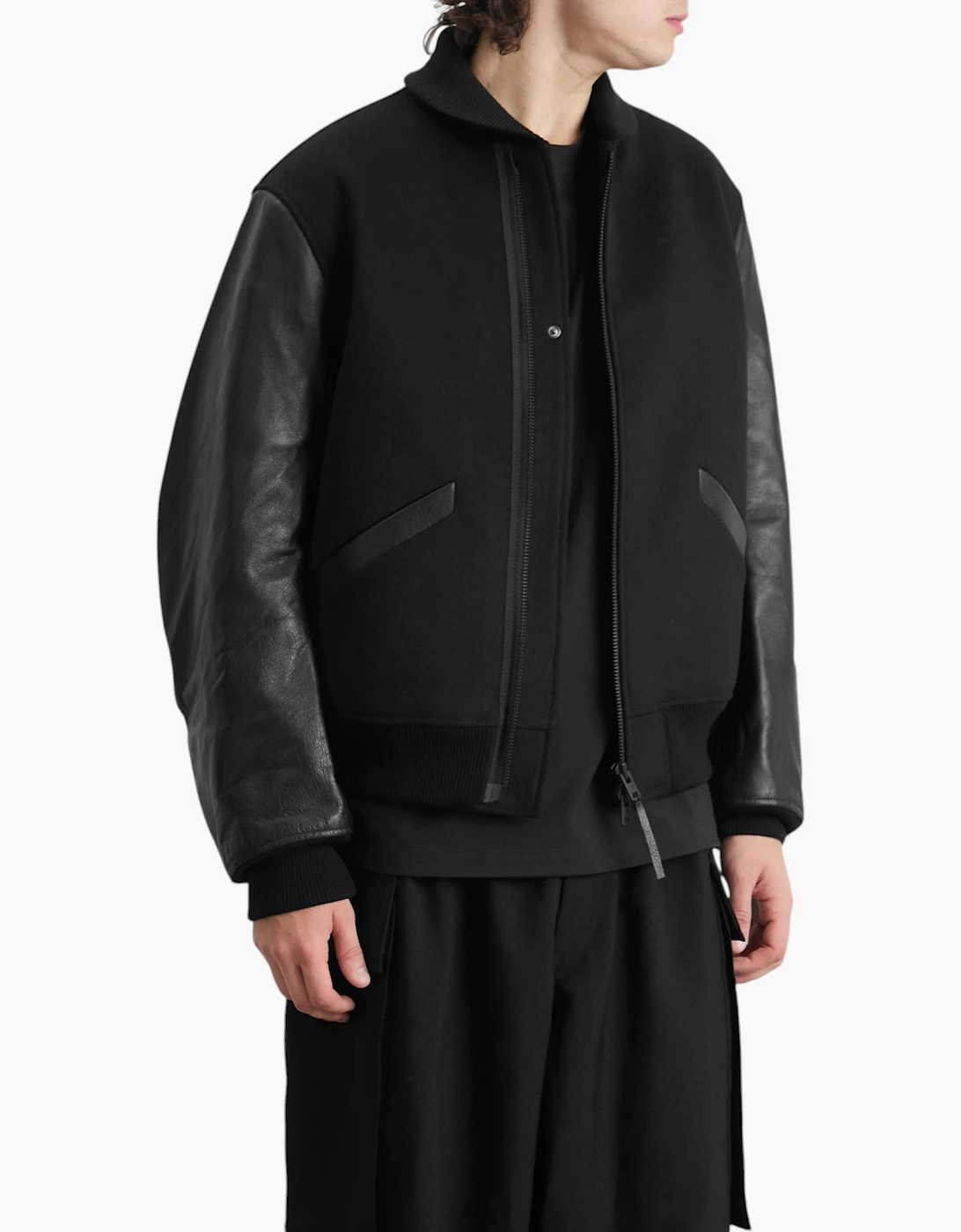 Adidas Y3 Mens Letterman Jacket Full Zip Leather Sleeve Bomber Jacket