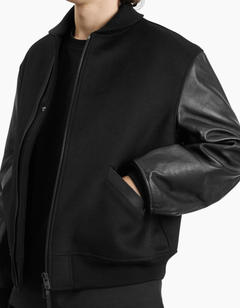Adidas Y3 Mens Letterman Jacket Full Zip Leather Sleeve Bomber Jacket