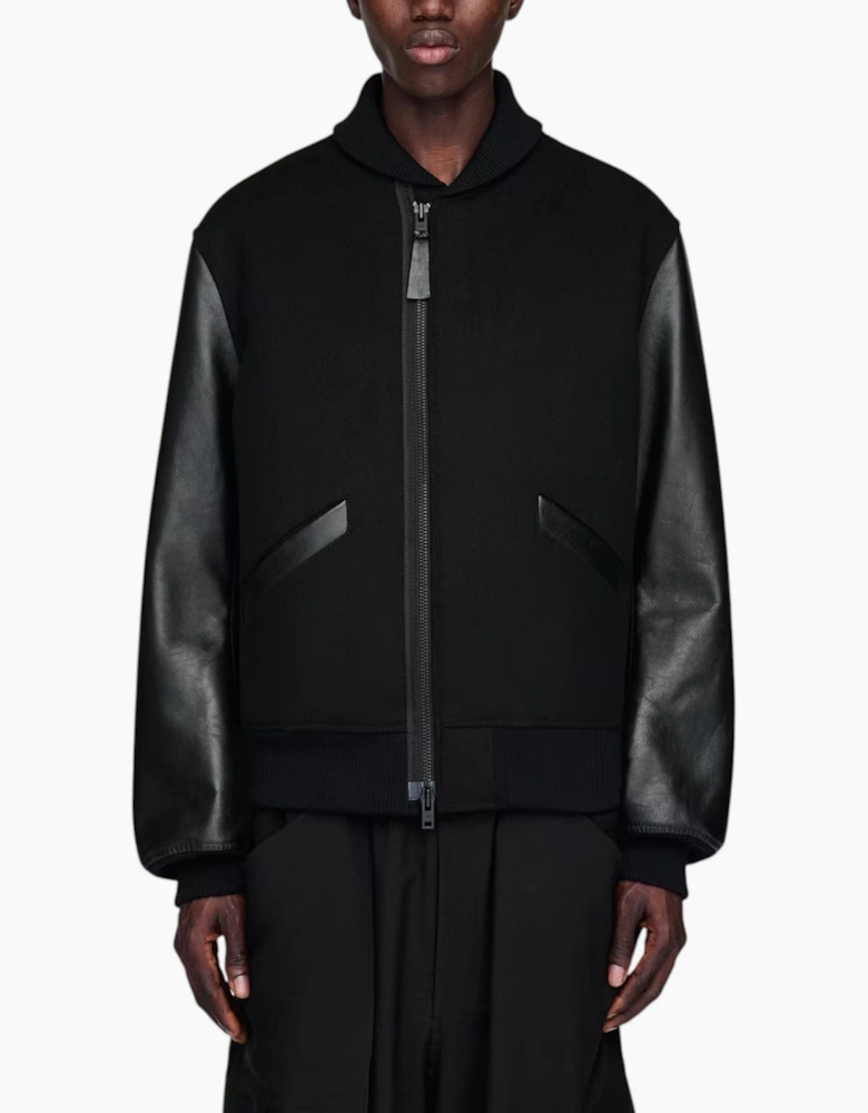 Adidas Y3 Mens Letterman Jacket Full Zip Leather Sleeve Bomber Jacket