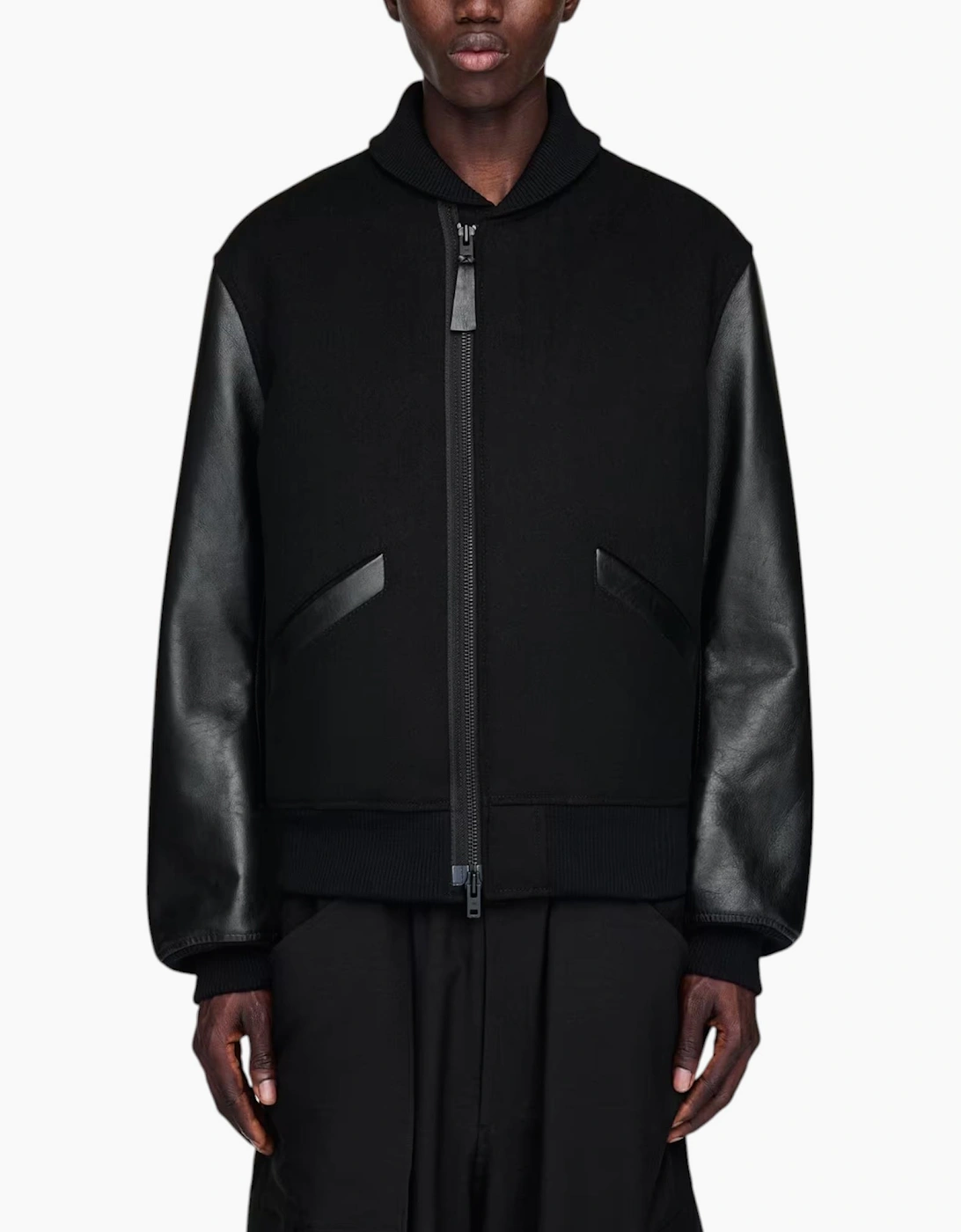 Adidas Y3 Mens Letterman Jacket Full Zip Leather Sleeve Bomber Jacket