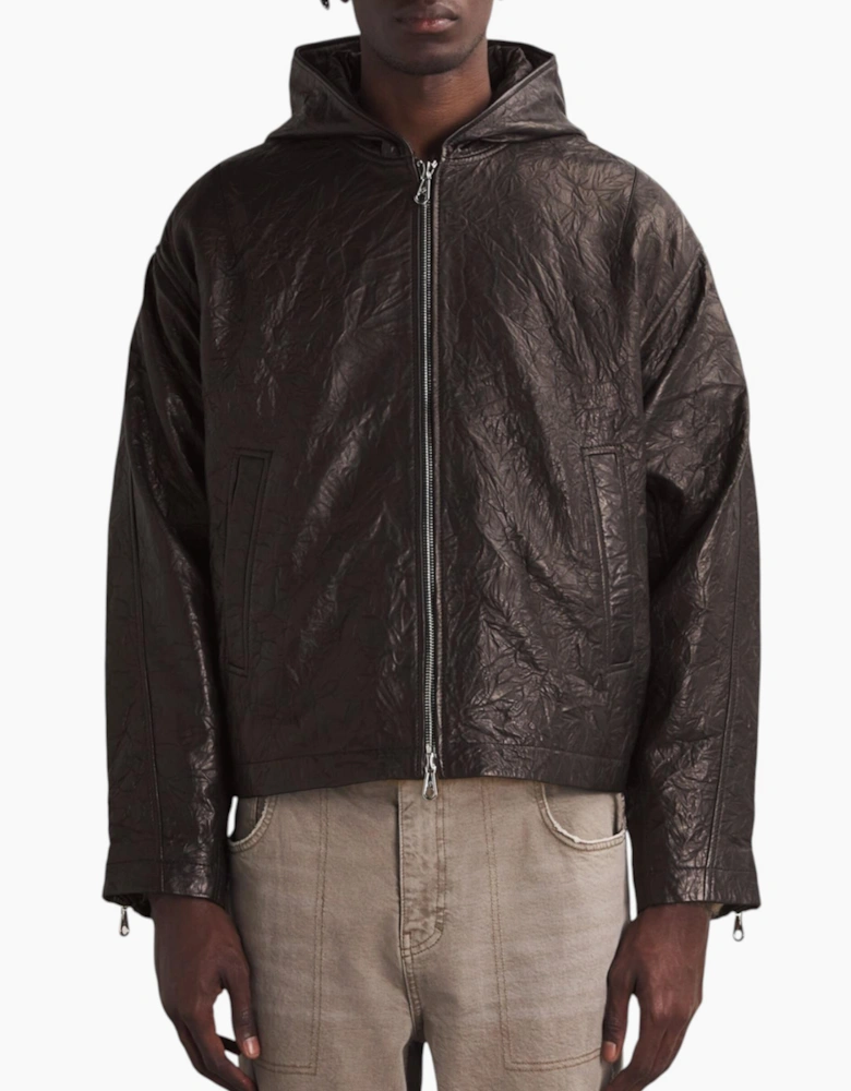 Cole Buxton Mens Leather Jacket Distressed Hooded Full Zip