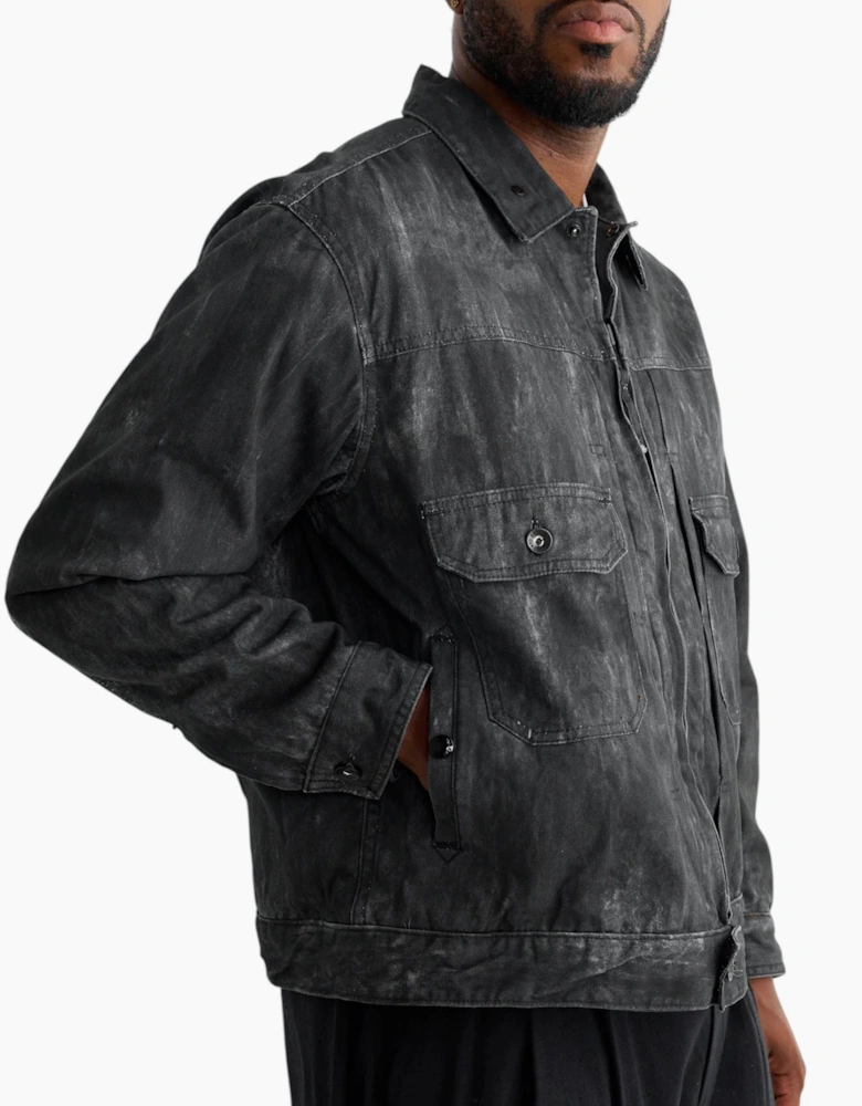 Engineered Garments Mens Trucker Jacket Distressed Print Cotton Black