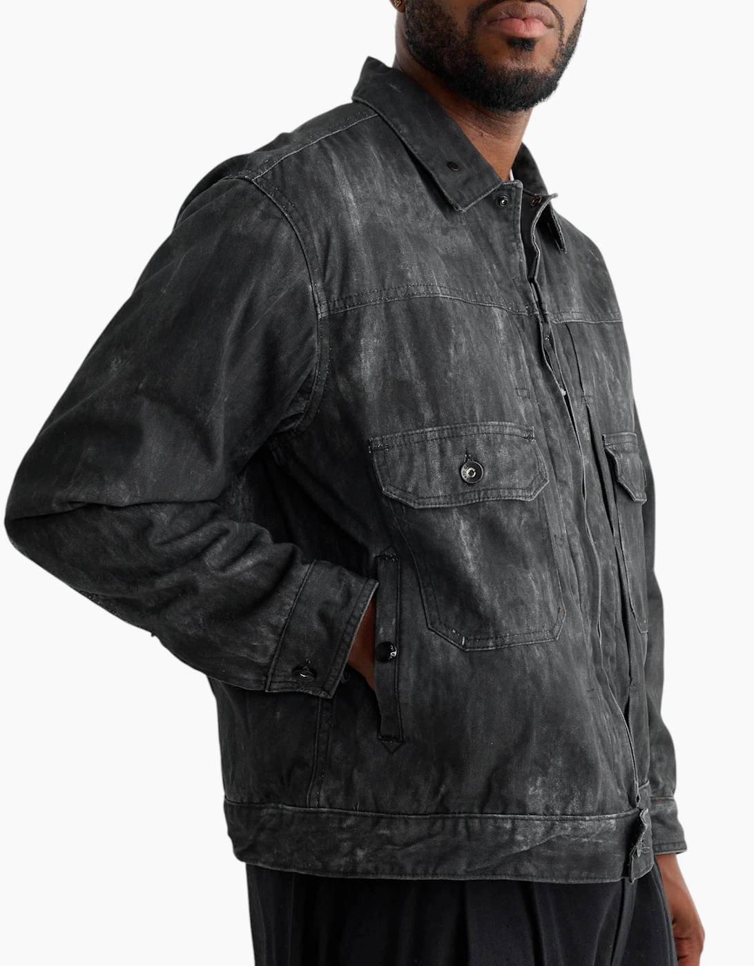 Engineered Garments Mens Trucker Jacket Distressed Print Cotton Black