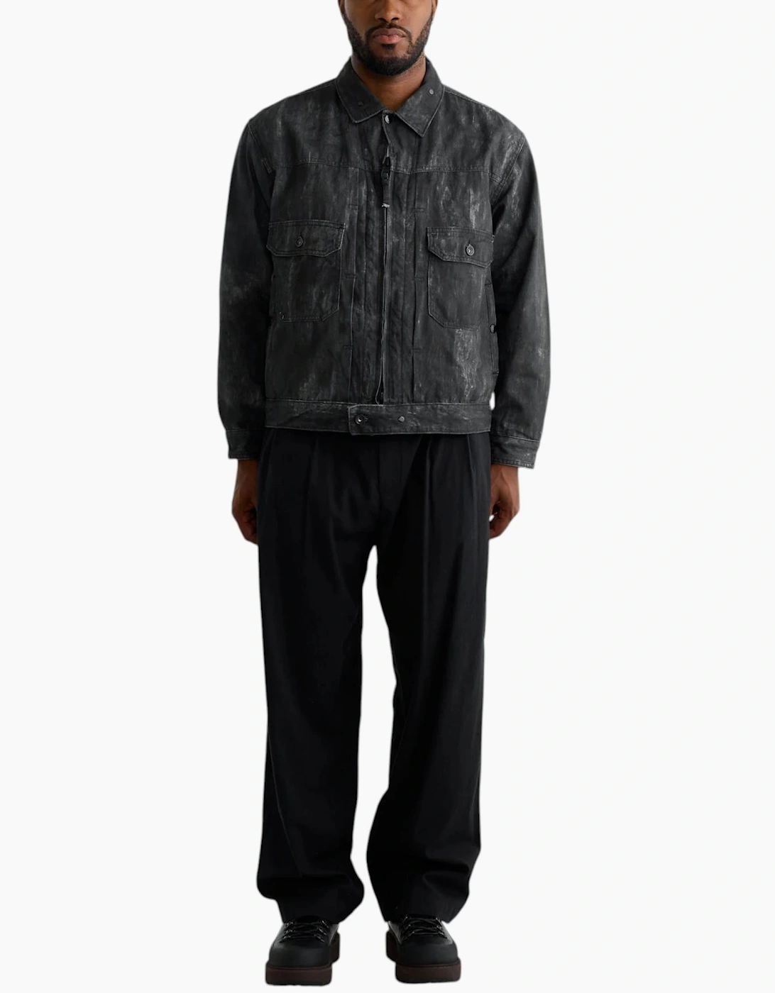 Engineered Garments Mens Trucker Jacket Distressed Print Cotton Black