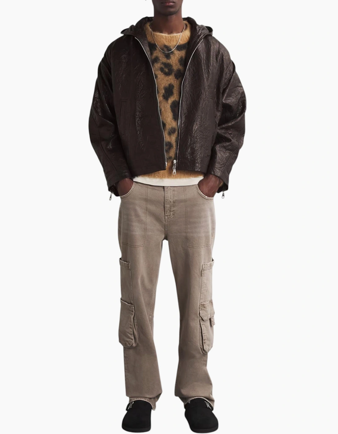 Cole Buxton Mens Leather Jacket Distressed Hooded Full Zip