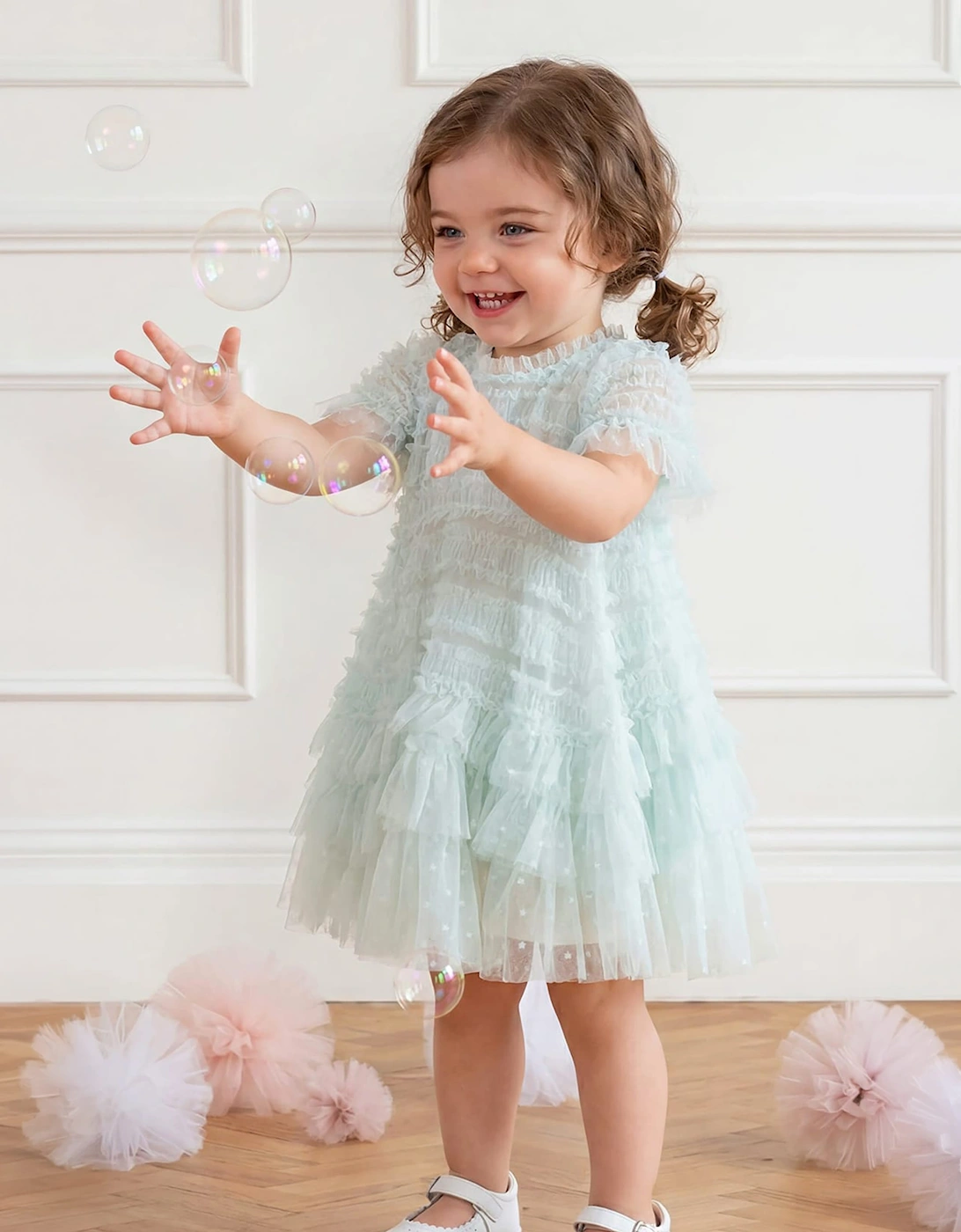 Needle & Thread Baby Girls Valentine Ruffle Dress in Green