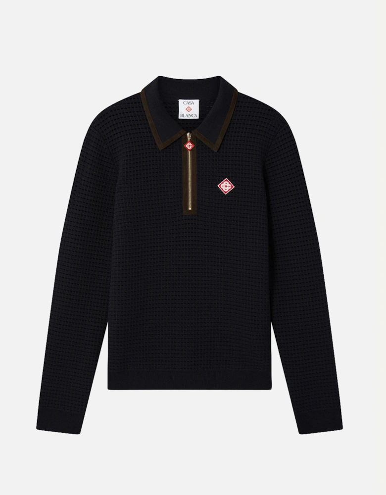 Waffle Stitch LS Polo Shirt Navy