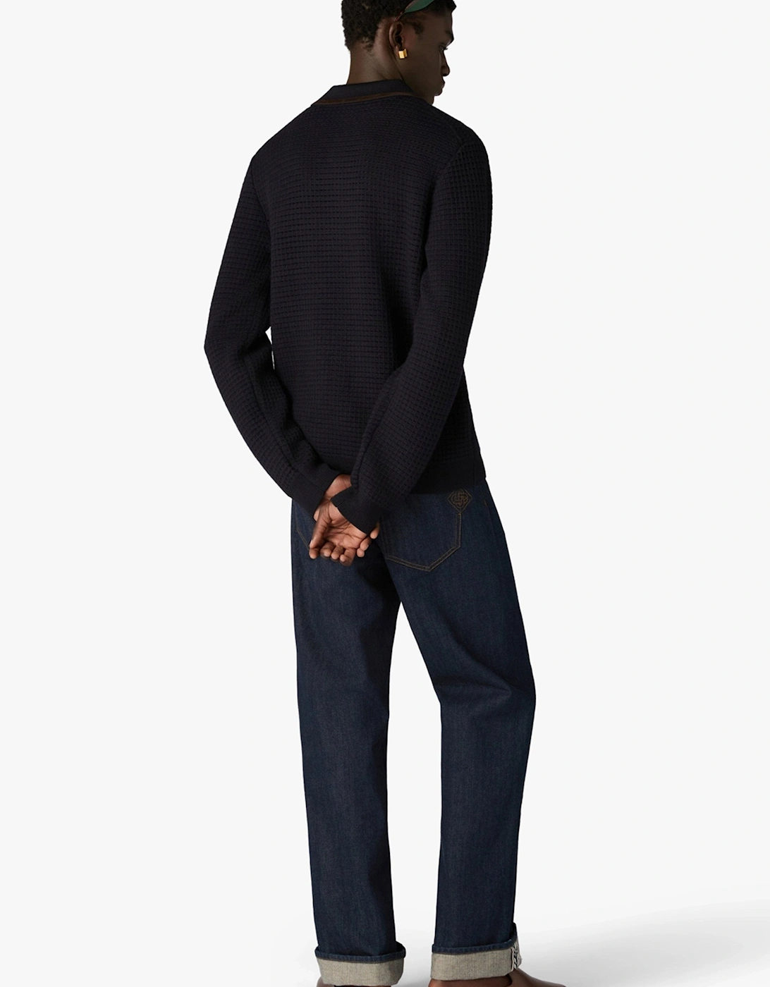 Waffle Stitch LS Polo Shirt Navy