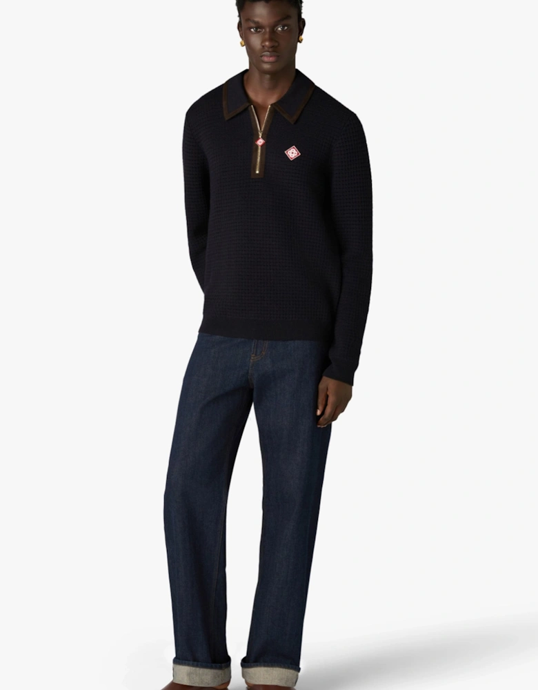 Waffle Stitch LS Polo Shirt Navy