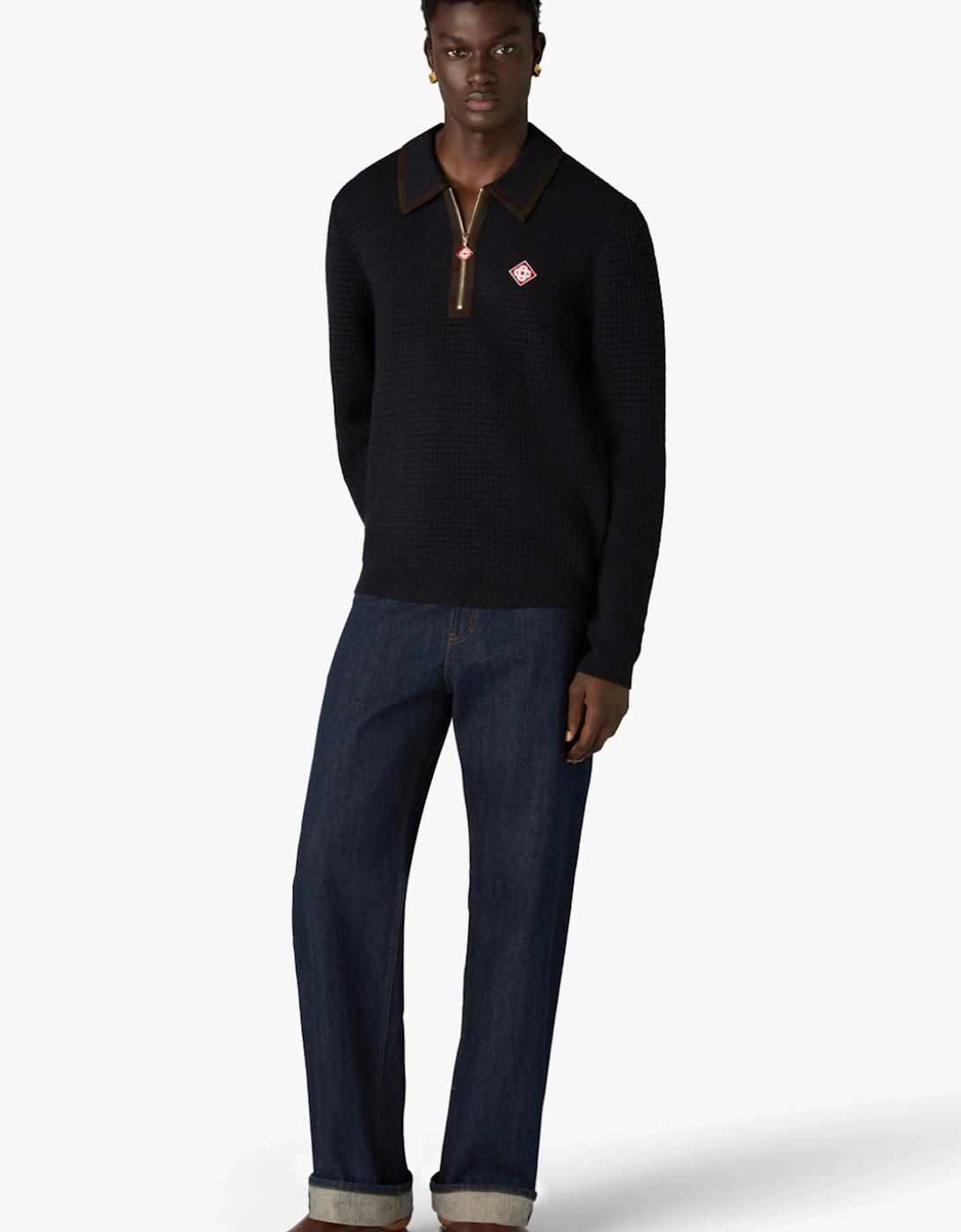 Waffle Stitch LS Polo Shirt Navy