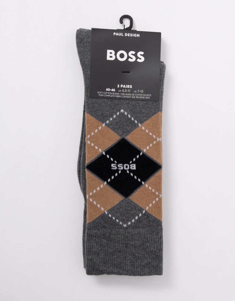 BOSS Orange 2 Pack Mens Combed Cotton Argyle Socks  - Medium Grey 032