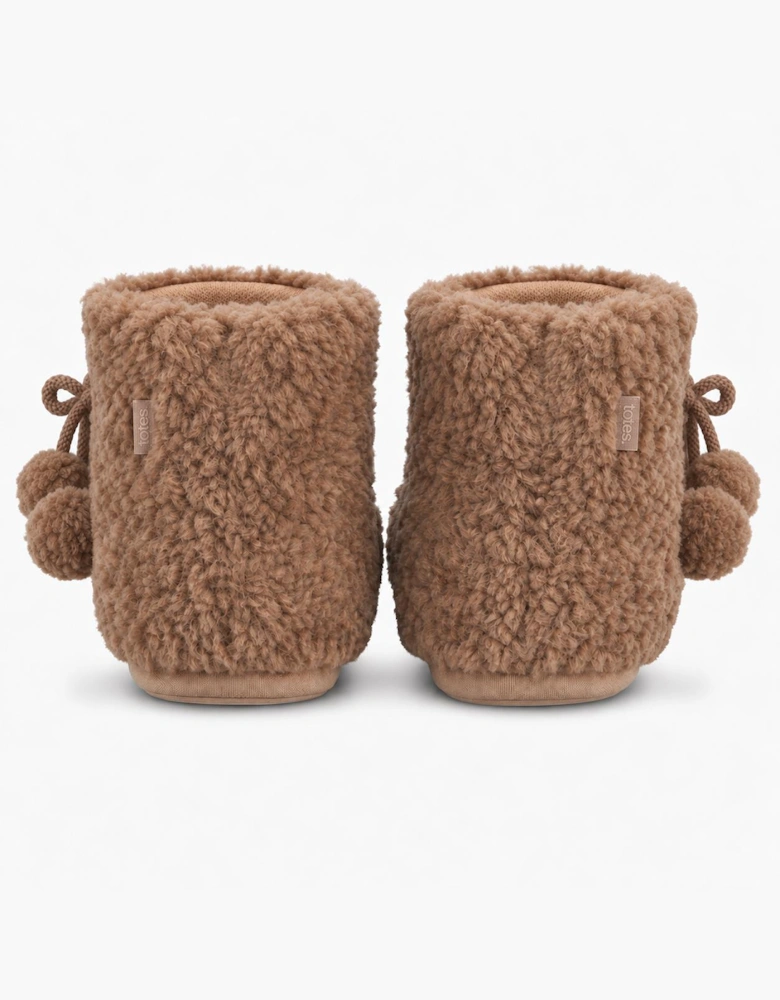 Totes Toasties TEXTURED FUR BOOTIE WITH POM POM Womens Slipper Boots Brown
