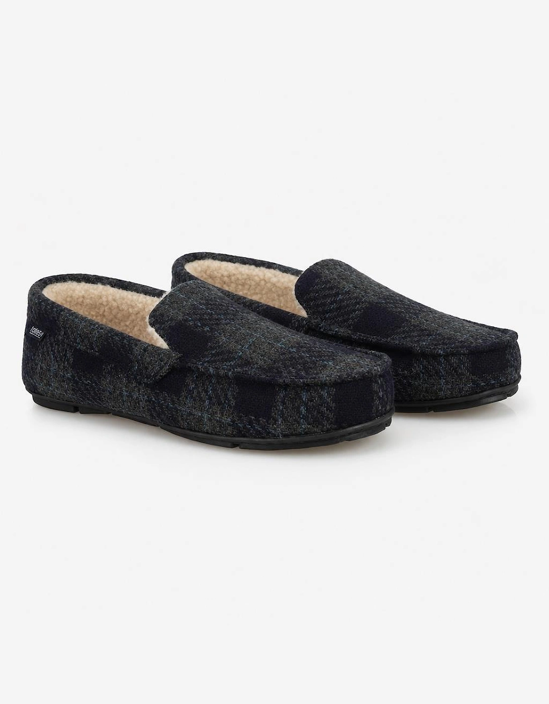 Totes Toasties CHECK MOCCASIN WITH CURLY FUR LINING Mens Moccasins Navy Check