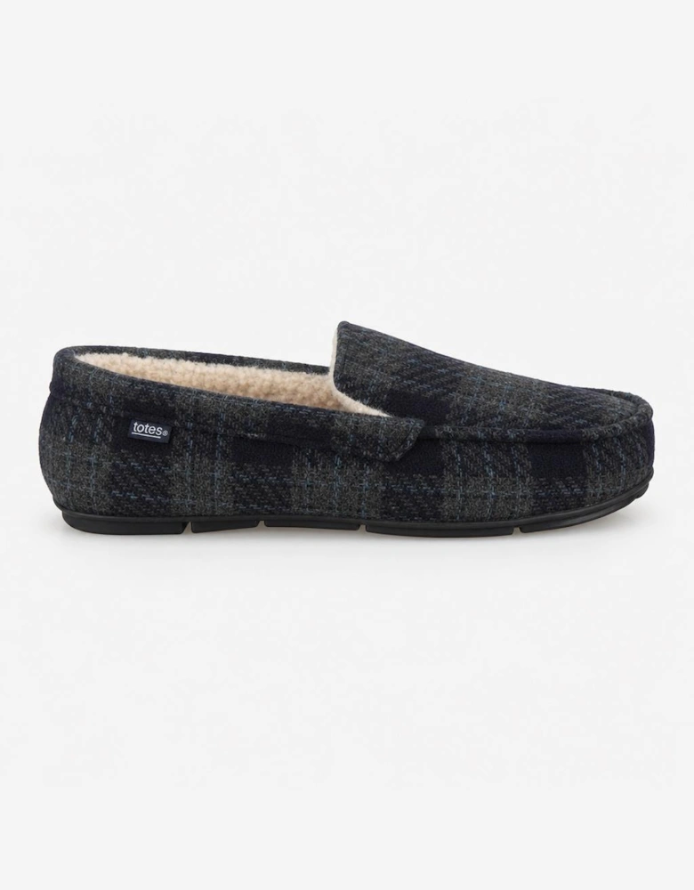 Totes Toasties CHECK MOCCASIN WITH CURLY FUR LINING Mens Moccasins Navy Check