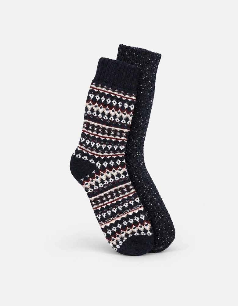 Totes Toasties WOOL BLEND THERMAL FAIR ISLE SOCKS (TWIN PACK) Mens Thermal Socks Navy Fair Isle