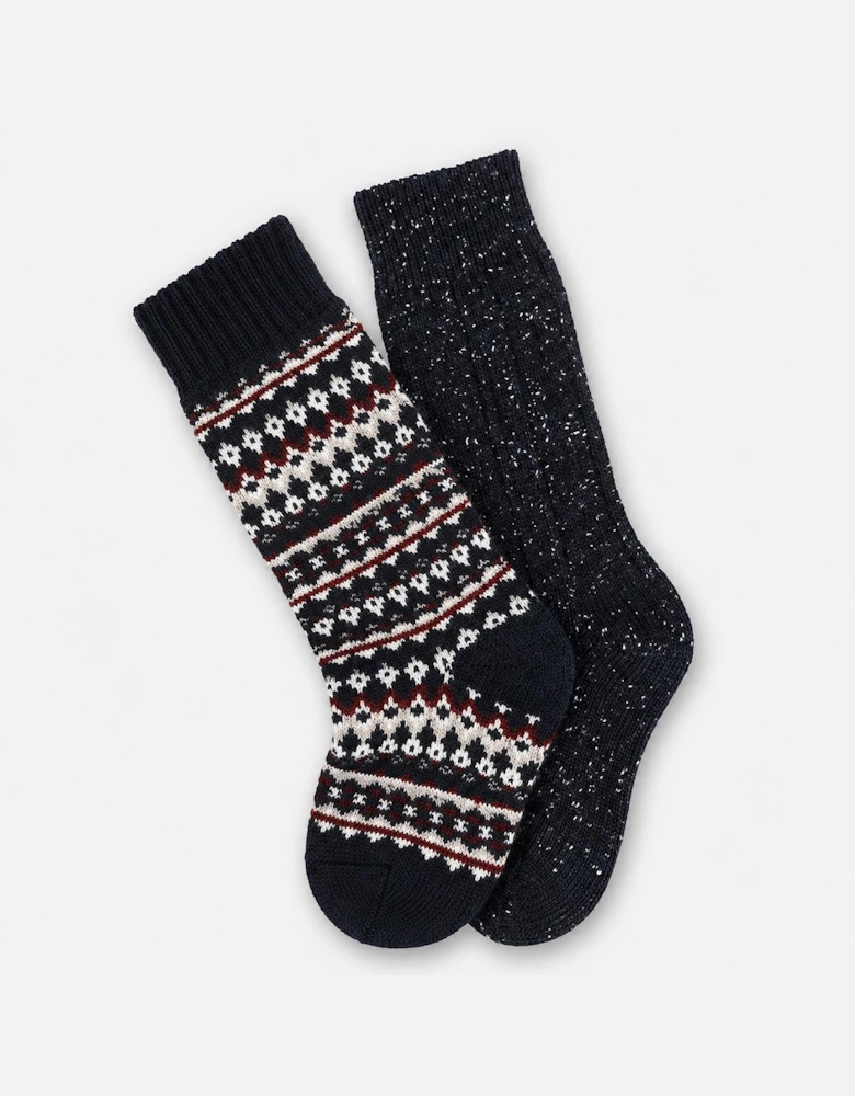 Totes Toasties WOOL BLEND THERMAL FAIR ISLE SOCKS (TWIN PACK) Mens Thermal Socks Navy Fair Isle