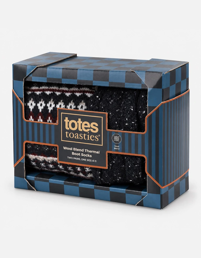 Totes Toasties WOOL BLEND THERMAL FAIR ISLE SOCKS (TWIN PACK) Mens Thermal Socks Navy Fair Isle