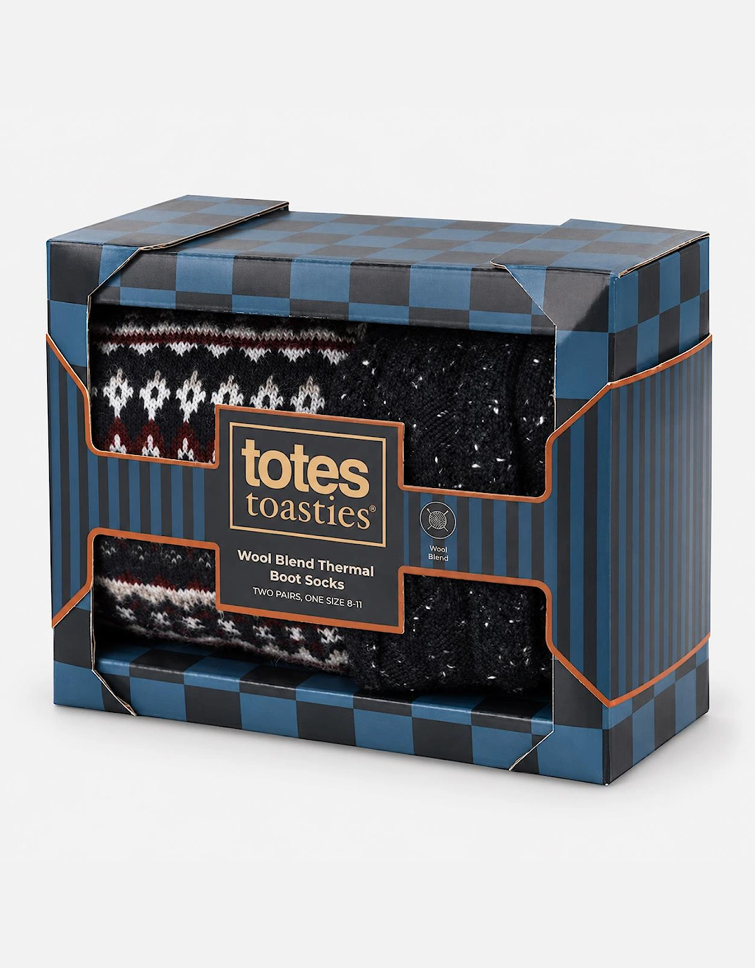 Totes Toasties WOOL BLEND THERMAL FAIR ISLE SOCKS (TWIN PACK) Mens Thermal Socks Navy Fair Isle