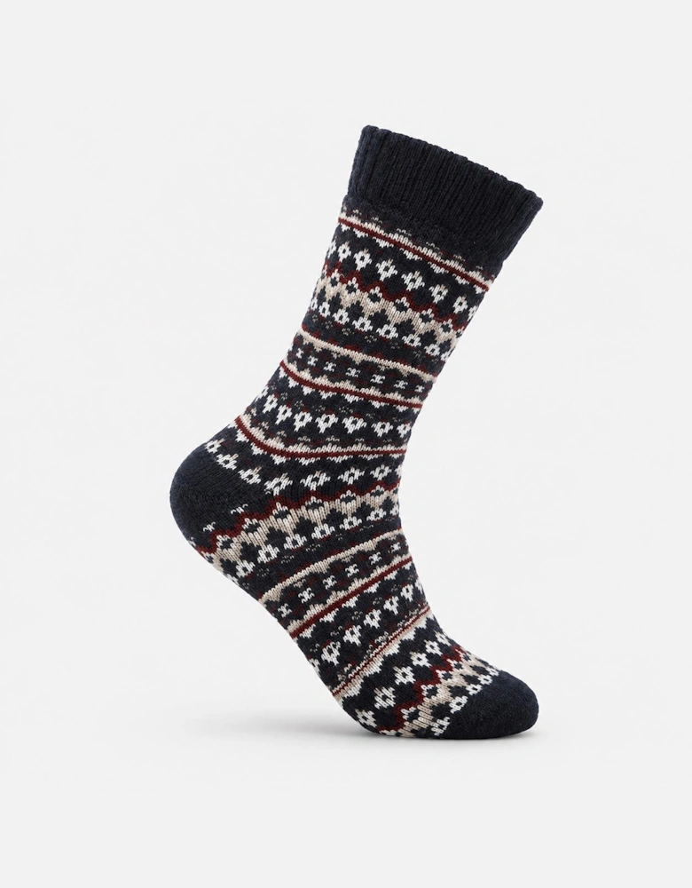 Totes Toasties WOOL BLEND THERMAL FAIR ISLE SOCKS (TWIN PACK) Mens Thermal Socks Navy Fair Isle