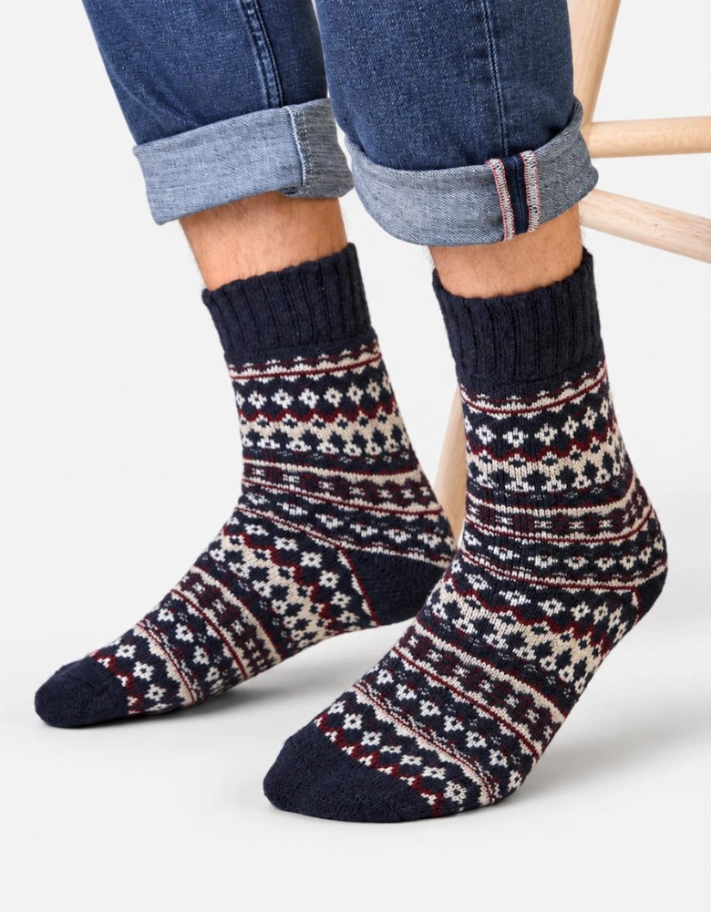 Totes Toasties WOOL BLEND THERMAL FAIR ISLE SOCKS (TWIN PACK) Mens Thermal Socks Navy Fair Isle