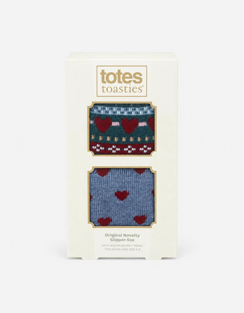 Totes Toasties ORIGINAL SLIPPER SOCKS (TWIN PACK) Womens Slipper Socks Heart Fairisle