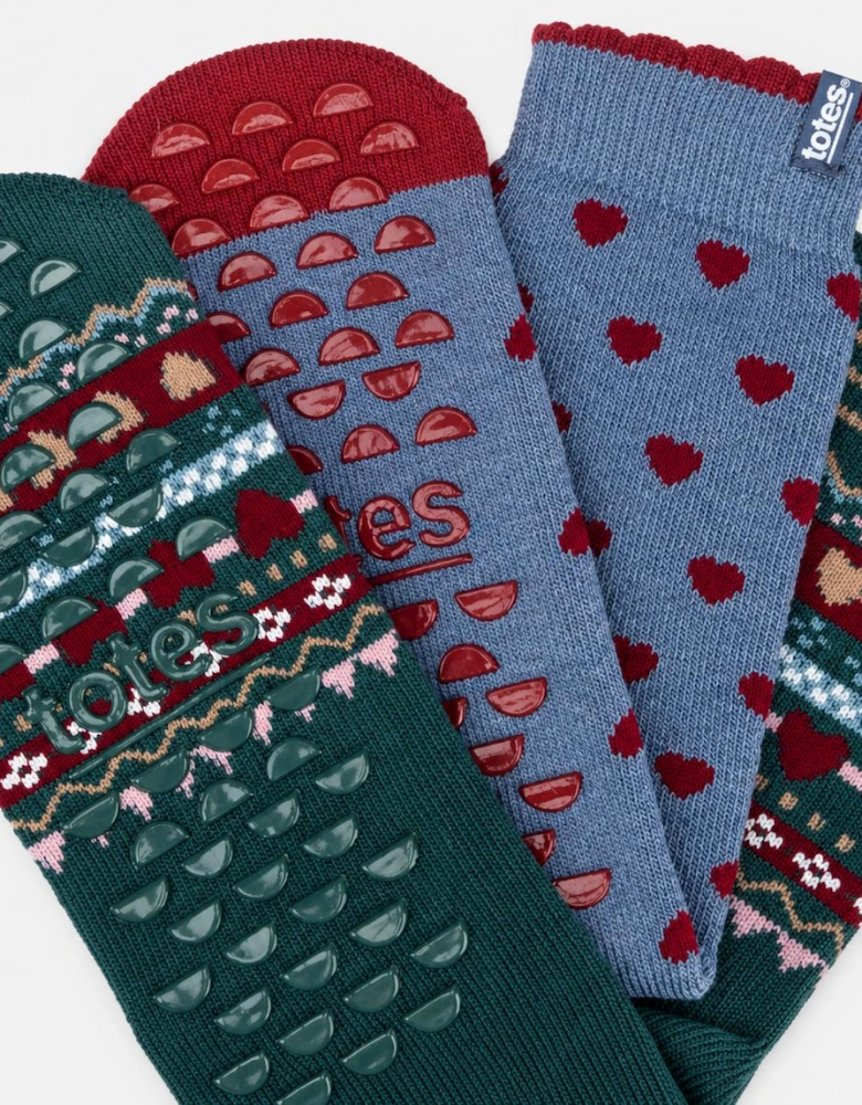 Totes Toasties ORIGINAL SLIPPER SOCKS (TWIN PACK) Womens Slipper Socks Heart Fairisle