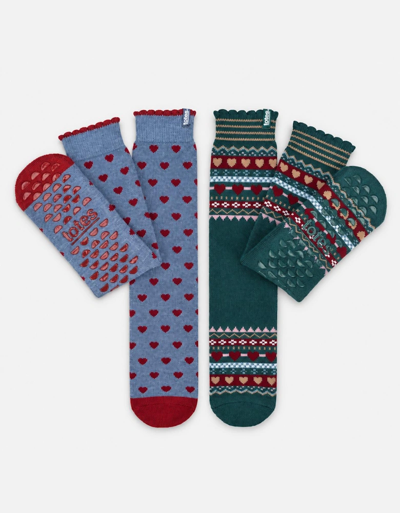 Totes Toasties ORIGINAL SLIPPER SOCKS (TWIN PACK) Womens Slipper Socks Heart Fairisle