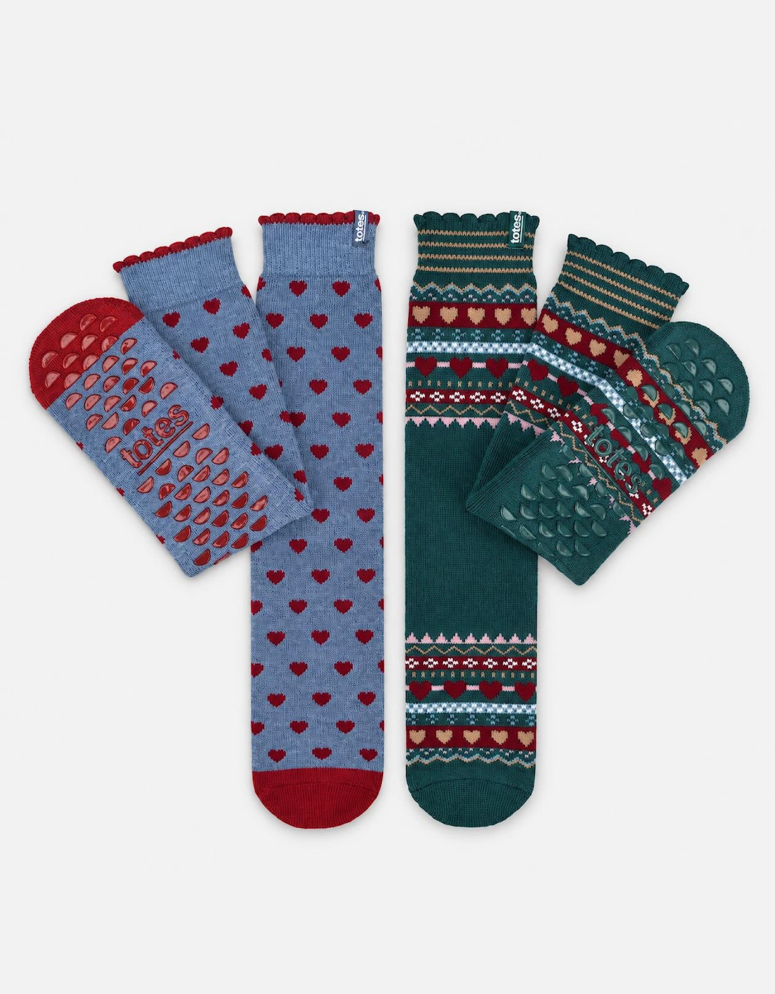 Totes Toasties ORIGINAL SLIPPER SOCKS (TWIN PACK) Womens Slipper Socks Heart Fairisle