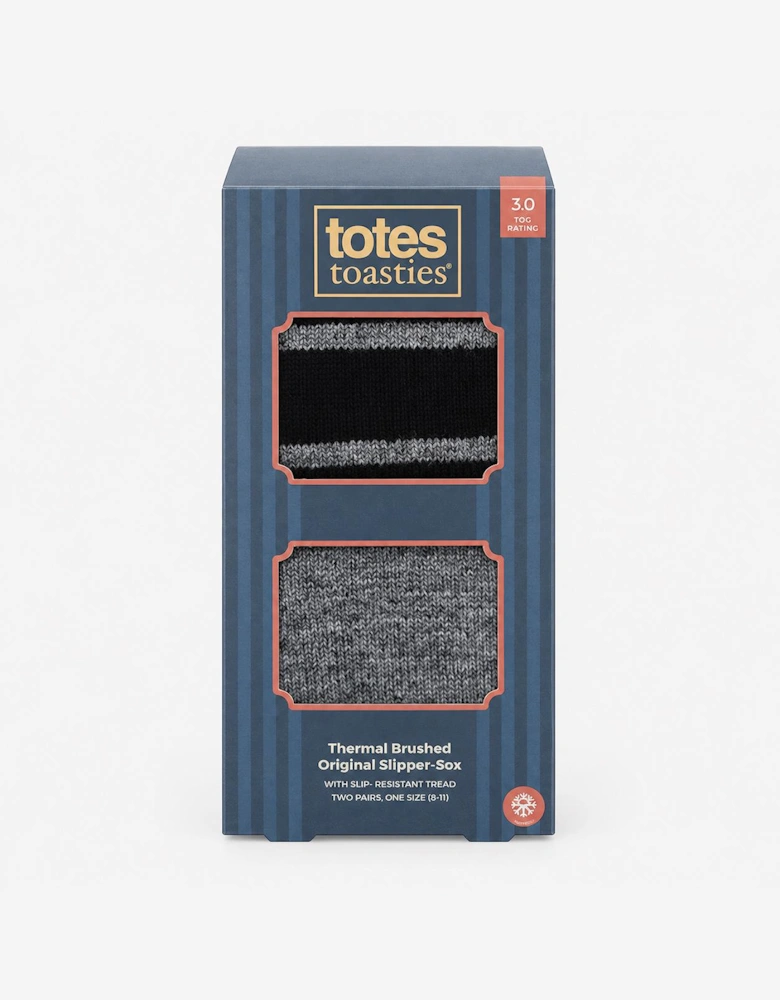 Totes Toasties THERMAL BRUSHED ORIGINAL SLIPPER SOCKS (TWIN PACK) Mens Thermal Socks Grey / Black Stripe