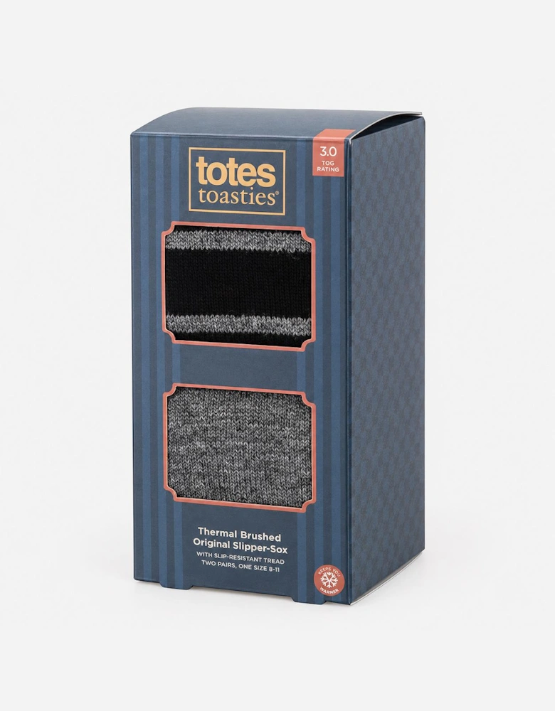Totes Toasties THERMAL BRUSHED ORIGINAL SLIPPER SOCKS (TWIN PACK) Mens Thermal Socks Grey / Black Stripe