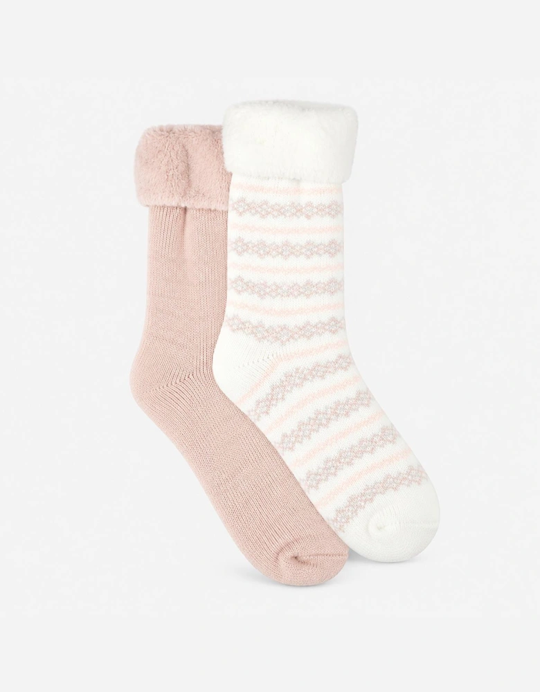 Totes Toasties PREMIUM BRUSHED THERMAL BED SOCK (TWIN PACK) Womens Bed Socks Cream / Pink