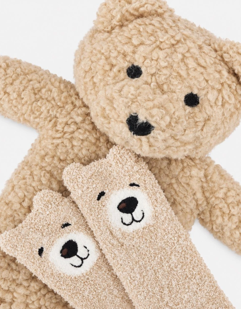 Totes Toasties BORG BEAR MINI HOT WATER BOTTLE SUPER SOFT SOCK SET Womens Slipper Socks Beige