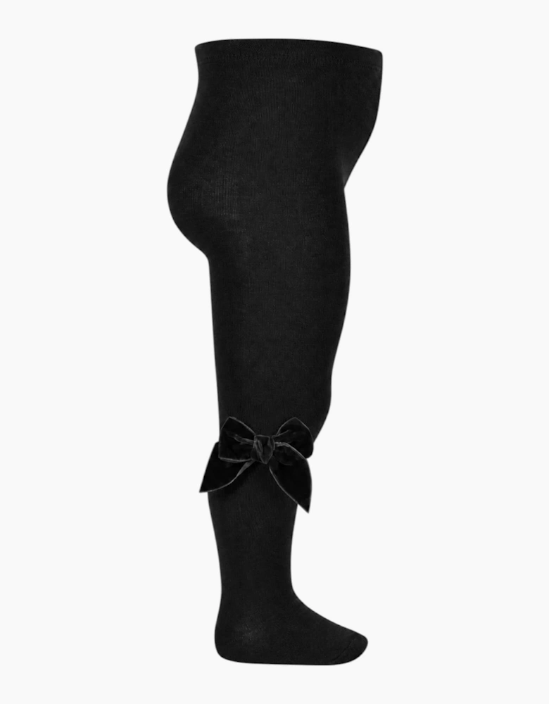 Girls Black Velvet Bow Tights