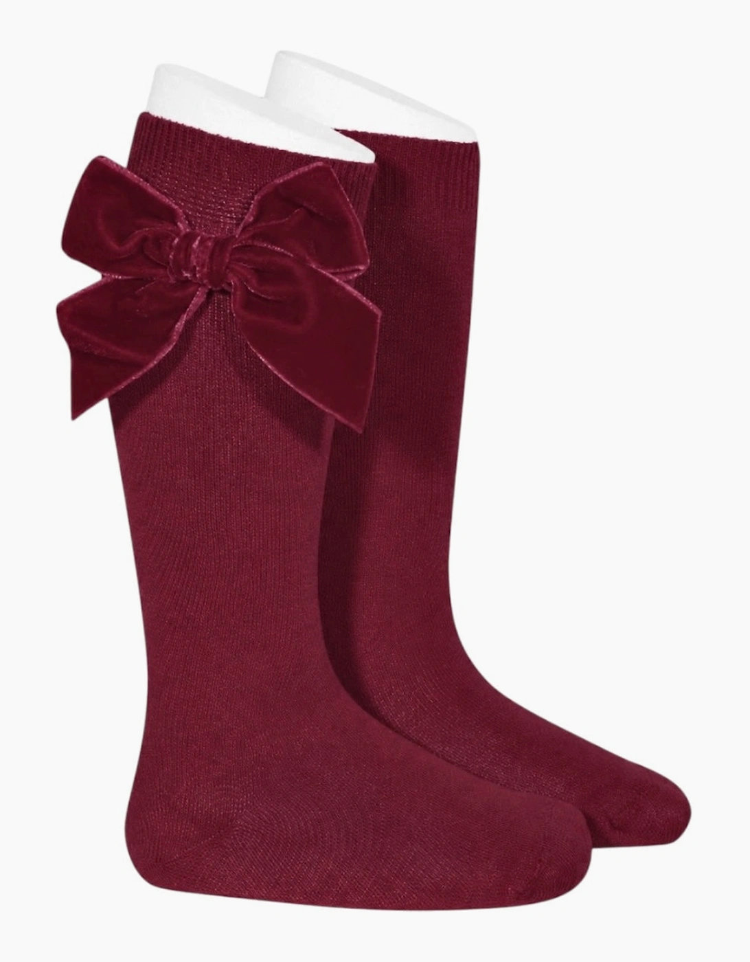 Girls Burgundy 575 Velvet Bow Knee Socks