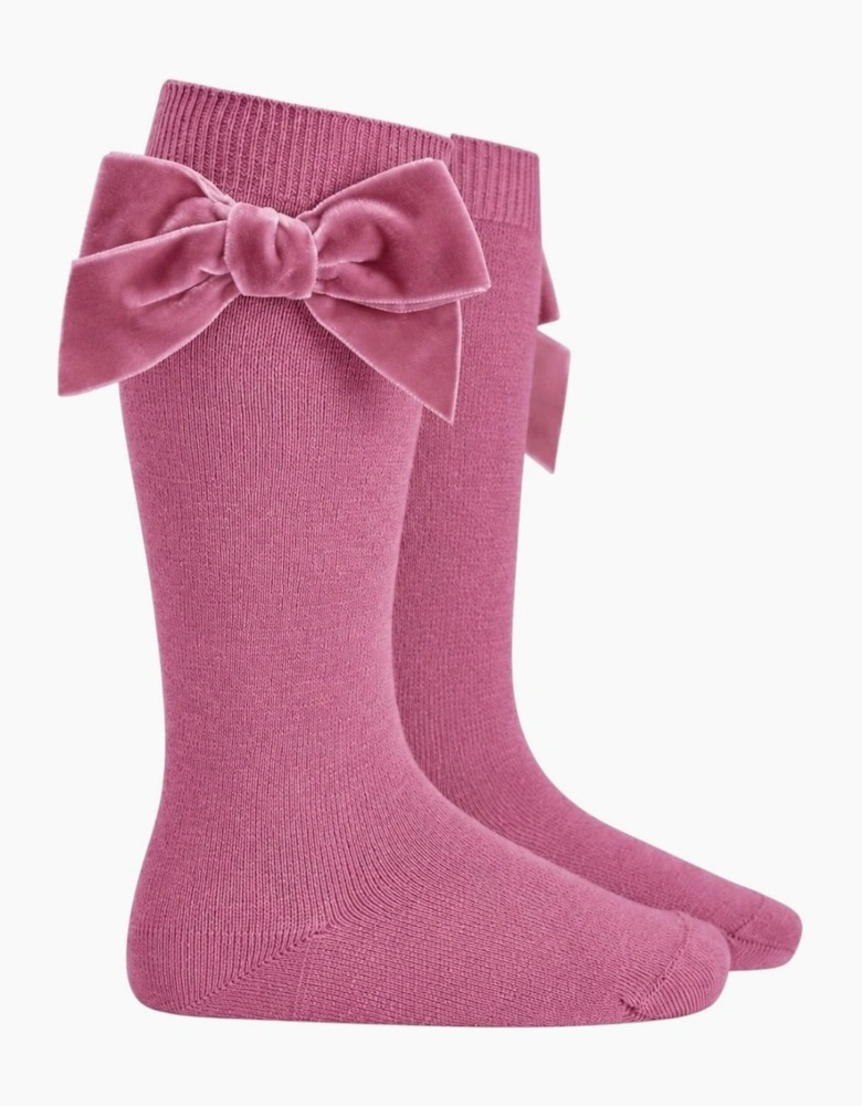 Girls Pink 558 Velvet Bow Knee Socks