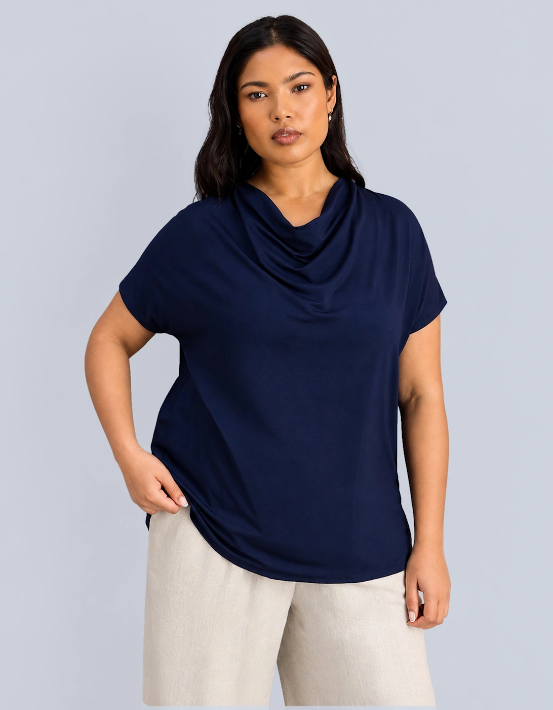 Navy Jersey Cowl Neck Short Sleeve Top
