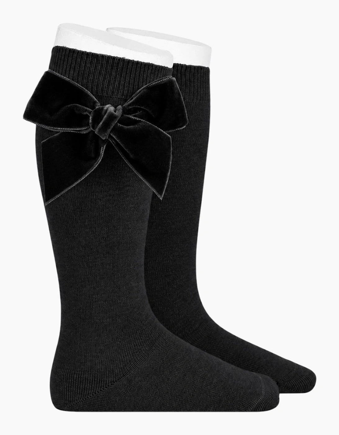 Girls Black Velvet Bow Knee Socks