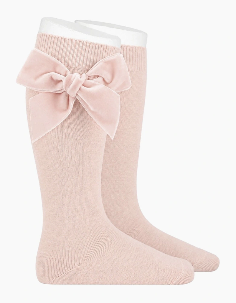 Girls Nude Pink 674 Velvet Bow Knee Socks