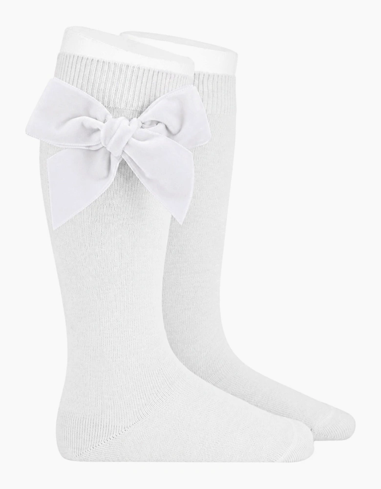Girls White 200 Velvet Bow Knee Socks