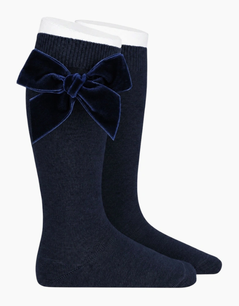 Girls Navy Velvet Bow Knee Socks