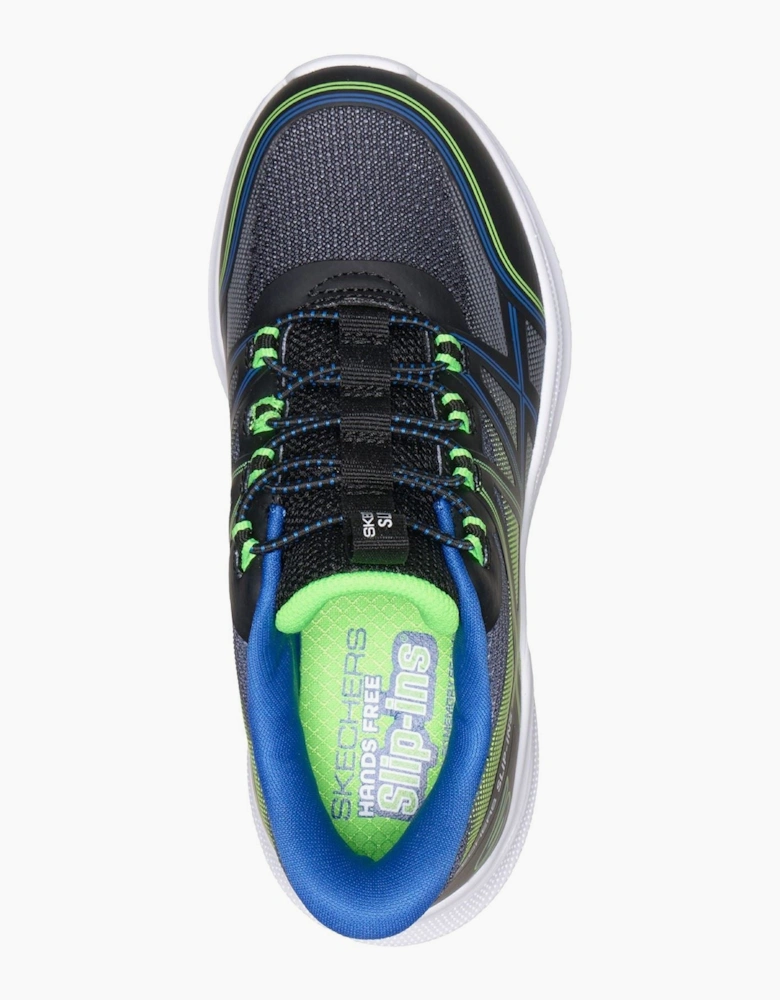 Skechers Microspec Velocity Grid-Shift Black/Blue & Lime Trainers
