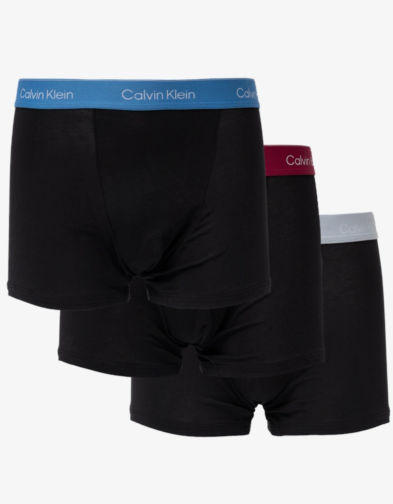 Calvin Klein 3 Pack Icon Cotton Stretch Mens Relaxed Fit Trunks - Black Bodies W/ Poseidon Blue/Plein
