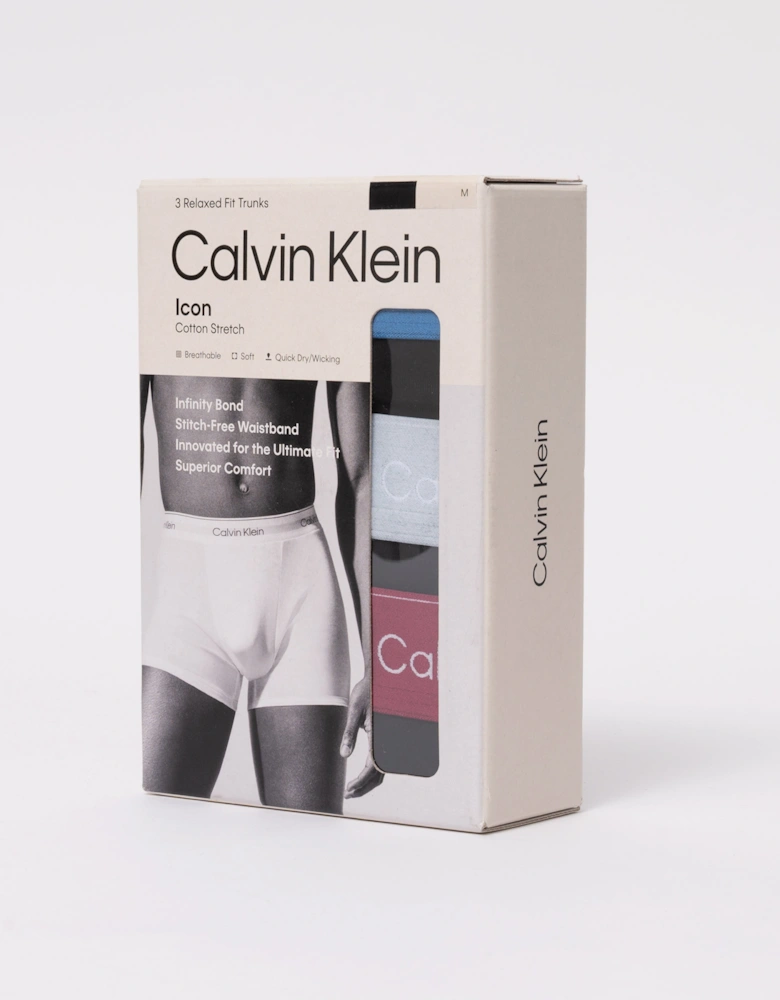 Calvin Klein 3 Pack Icon Cotton Stretch Mens Relaxed Fit Trunks - Black Bodies W/ Poseidon Blue/Plein