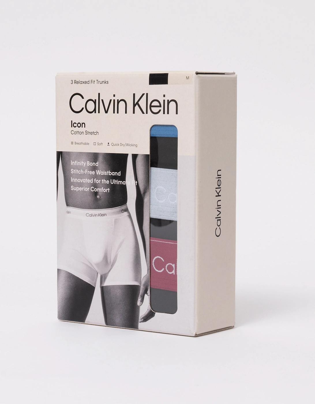 Calvin Klein 3 Pack Icon Cotton Stretch Mens Relaxed Fit Trunks - Black Bodies W/ Poseidon Blue/Plein