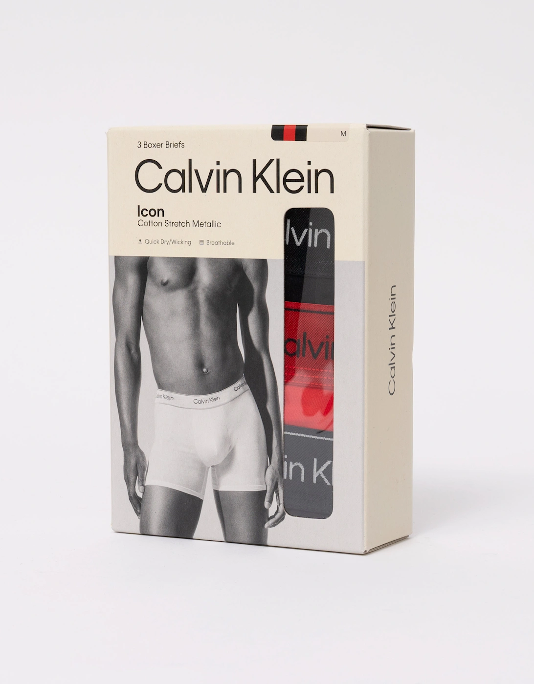 Calvin Klein 3-Pack Mens Icon Stretch Metallic Boxer Briefs - Black/Goji Berry/Black