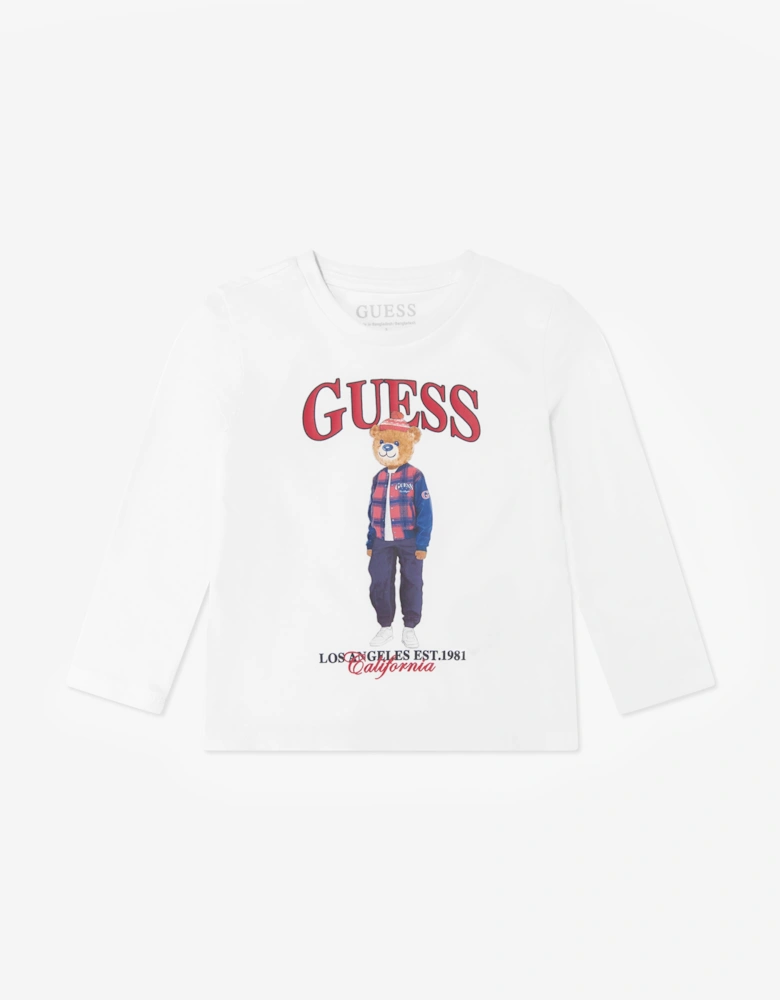 Guess Boys Long Sleeve Bear Logo T-Shirt in White