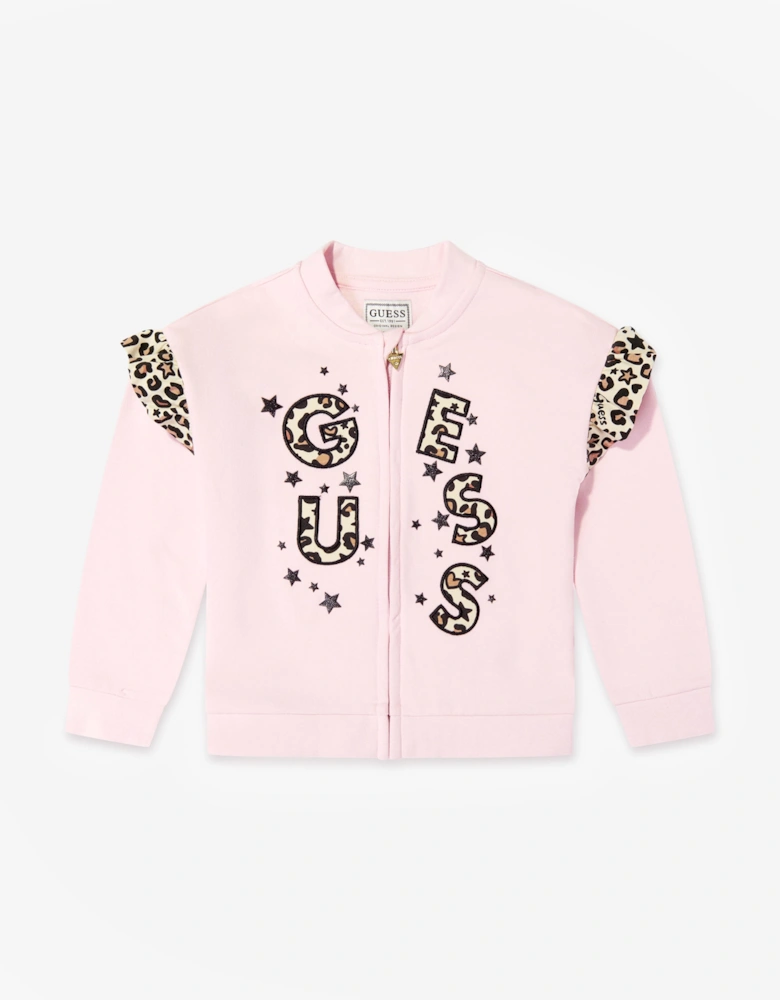 Guess Girls Leopard Print Logo Zip Up Top in Pink